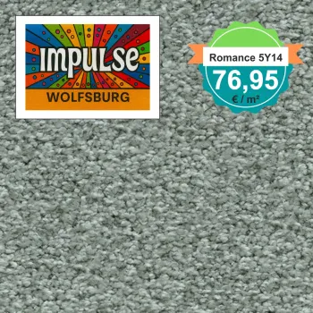 Teppichmuster mit Label „Impulse WOLFSBURG“ und Badge „Romance 5Y14 – 76,95 €/m²“